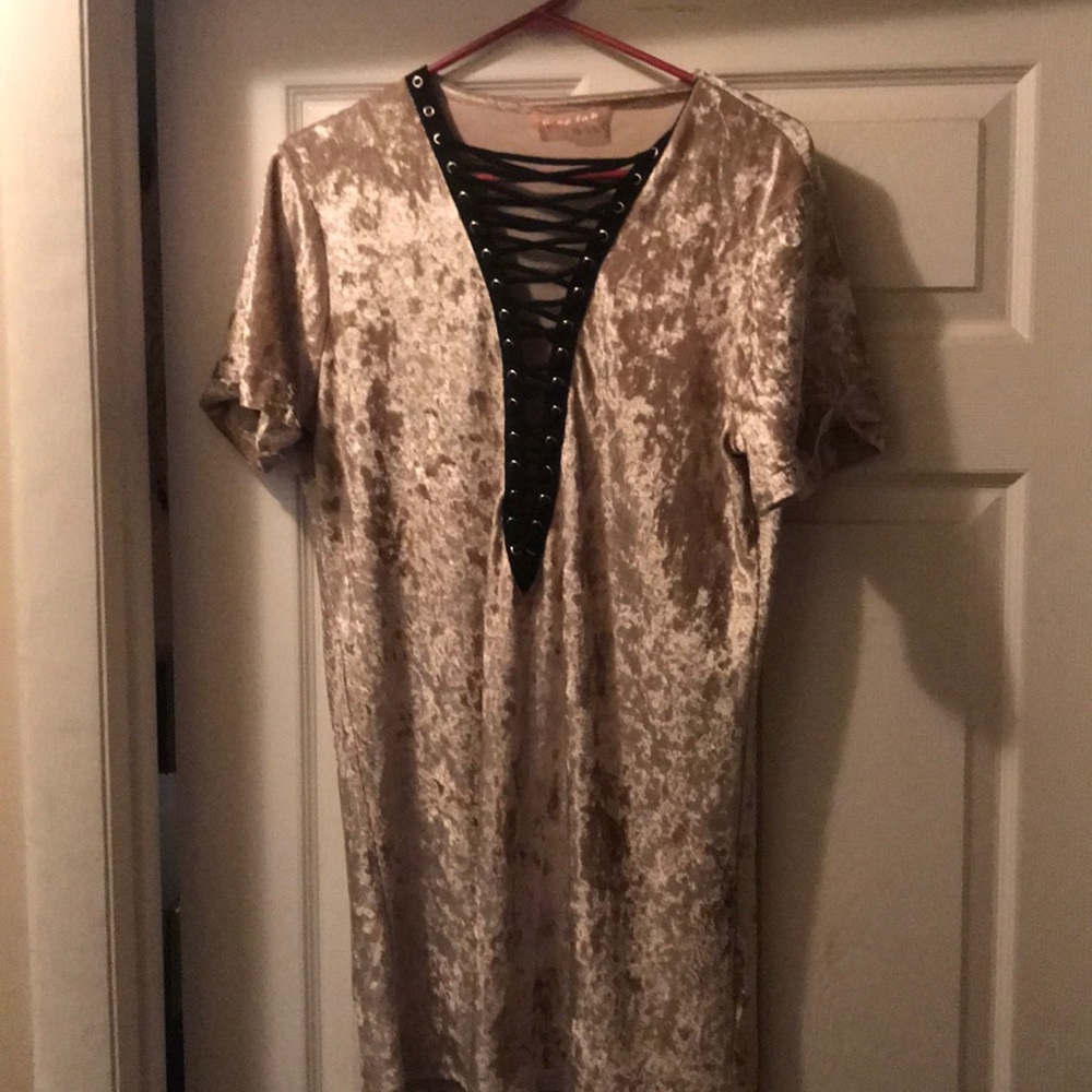 Gold suede tie front dress